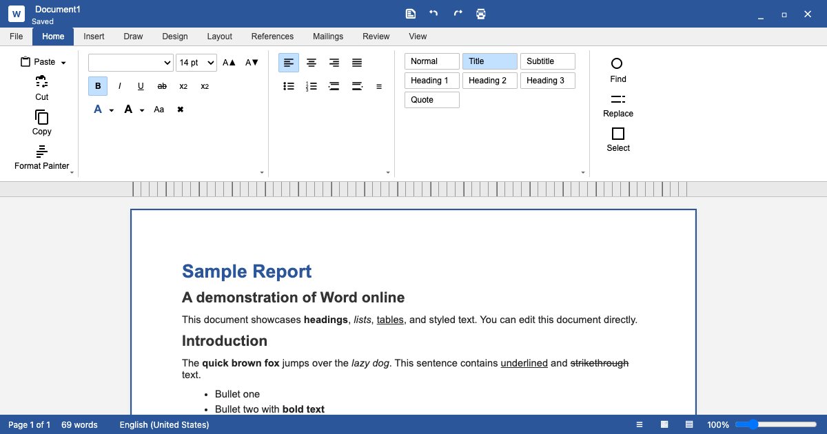 Screenshot of the Word demo